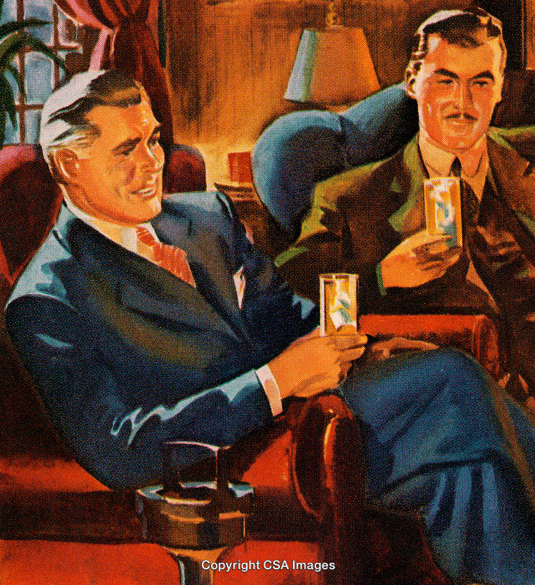 Two Elegant Men Socializing and Enjoying Beverages in a Warm Retro Setting