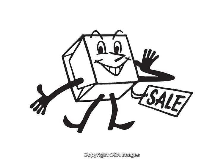 Cheerful Cartoon Character With Sale Tag Expressing Excitement in Black and White
