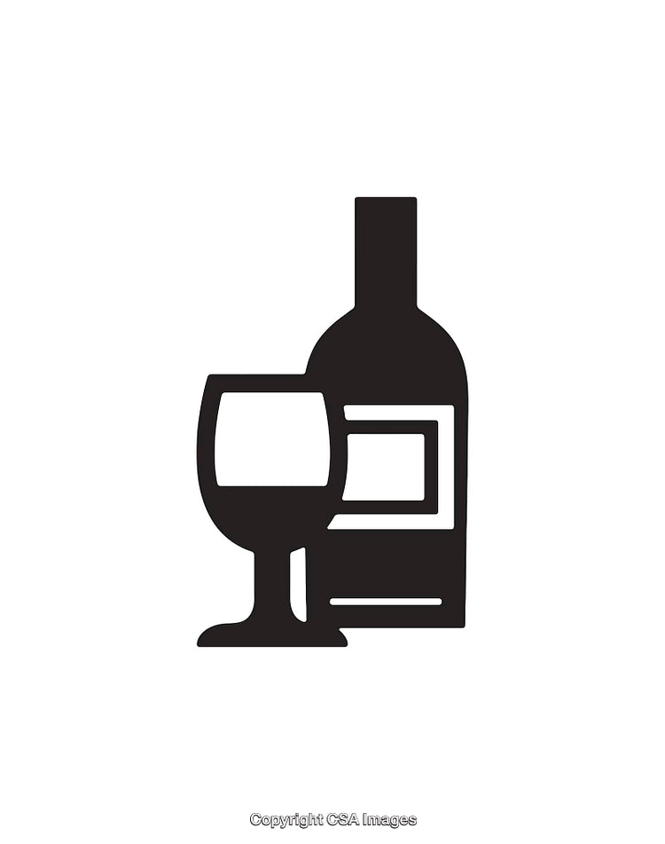 Simple Black and White Icon Depicting Wine Bottle and Glass