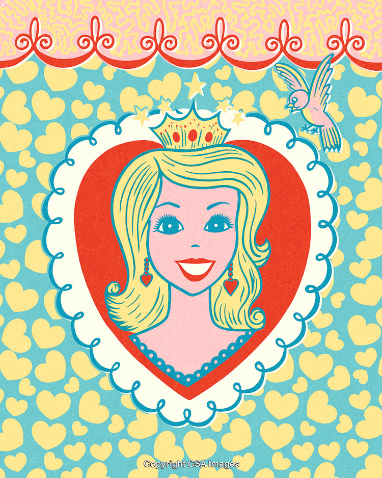 Vintage Pop Art Illustration of a Queen with Heart Background