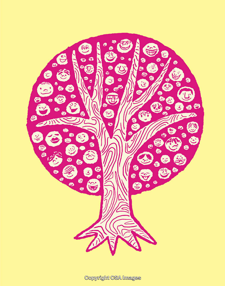 Whimsical Tree Illustration Featuring Faces in Vibrant Pink and Yellow Tones