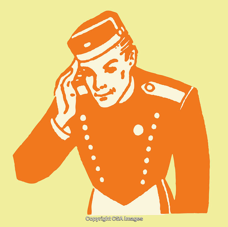 Vintage Illustration of a Bellhop Saluting in Orange and Yellow