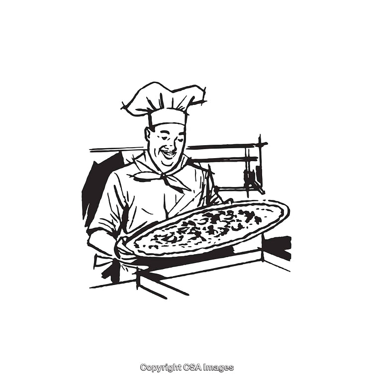 Chef Presenting a Delicious Pizza in Black and White Line Art Illustration