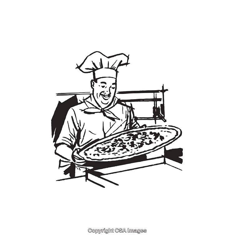 Chef Presenting a Delicious Pizza in Black and White Line Art Illustration