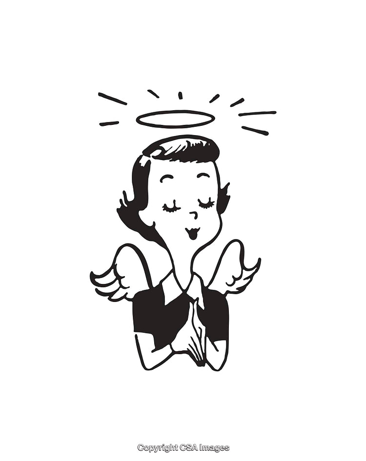 Black and White Illustration of an Angelic Figure Praying
