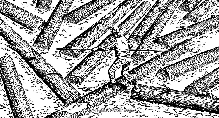 Engraving of a Lumberjack Balancing on Logs in a River Stream
