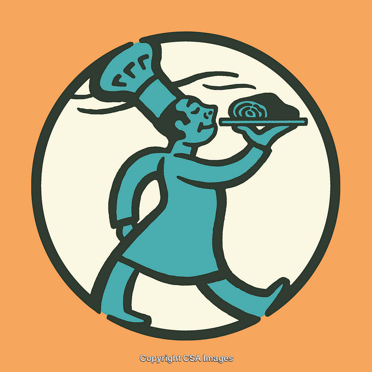 Cartoon Chef Carrying Dish in Colorful Line Art Illustration