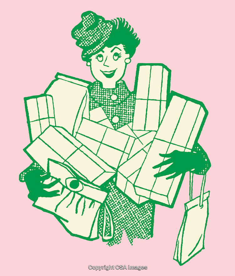 Retro Illustration of a Happy Woman Excited with Her Shopping Bags