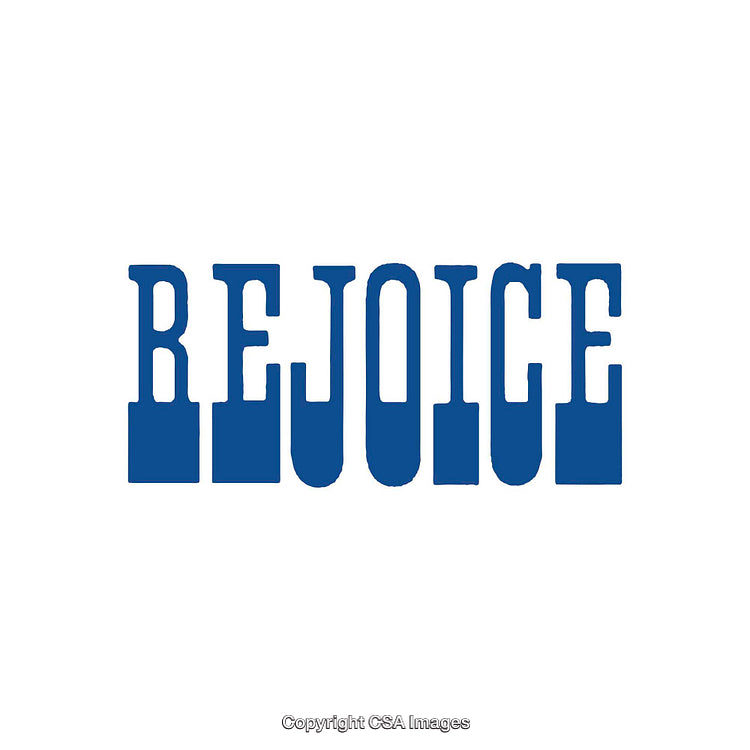 Blue Stylized Typography Highlighting the Word 'Rejoice' on White Background