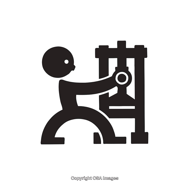 Minimalist Black and White Icon of a Person Using a Machine
