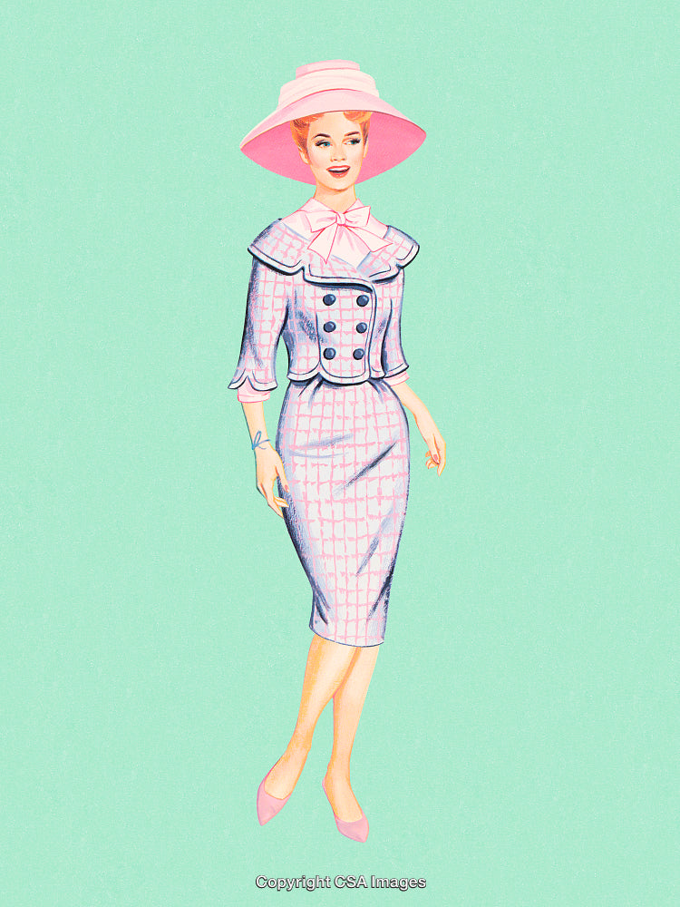 Elegant Vintage Woman in a Stylish Outfit on Pastel Background