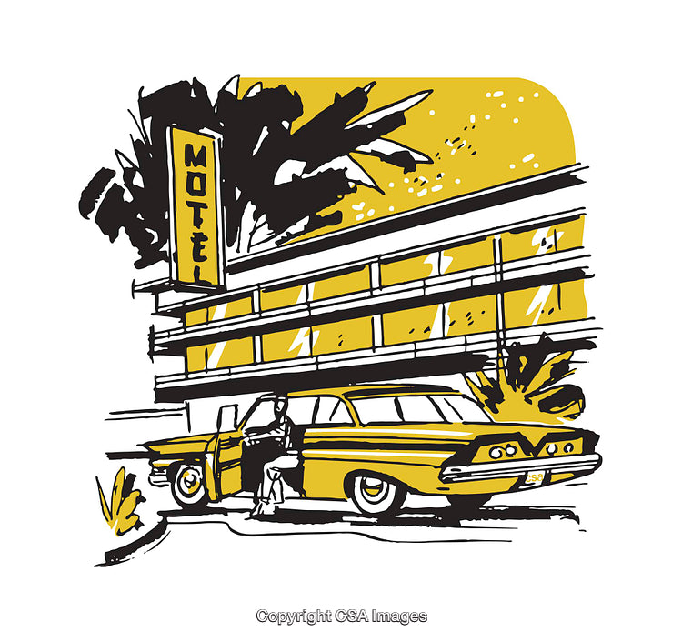 Retro Yellow Car Beside Motel Under Artistic Illustration Style