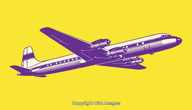 Vintage Airplane Illustration in Bold Purple and Yellow Colors