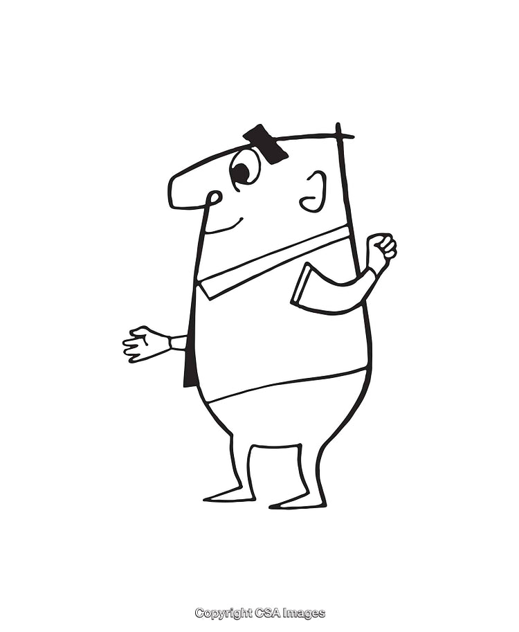 Black And White Line Art Illustration of a Cheerful Cartoon Character