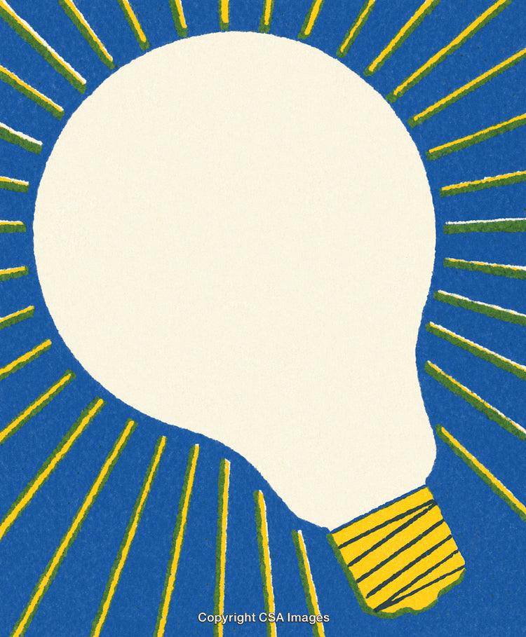 Creative Lightbulb Concept Illustration with Bright Yellow Rays on Blue Background
