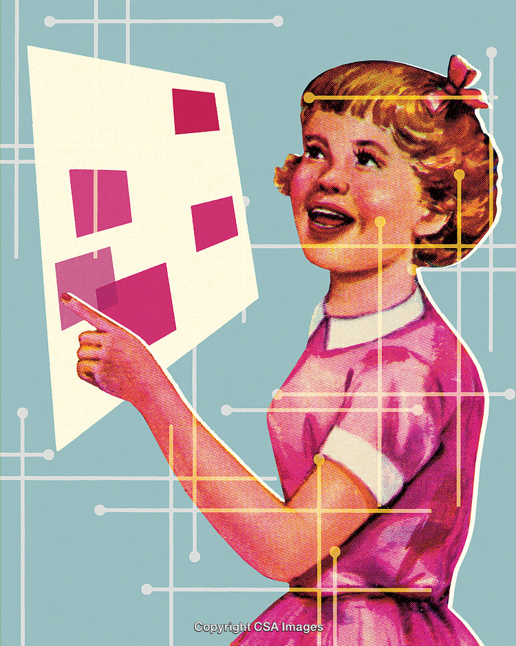 Retro Styled Girl Interacting With a Futuristic Interface in Bright Colors