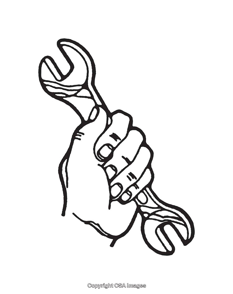 Monochrome Line Art of a Hand Holding a Wrench