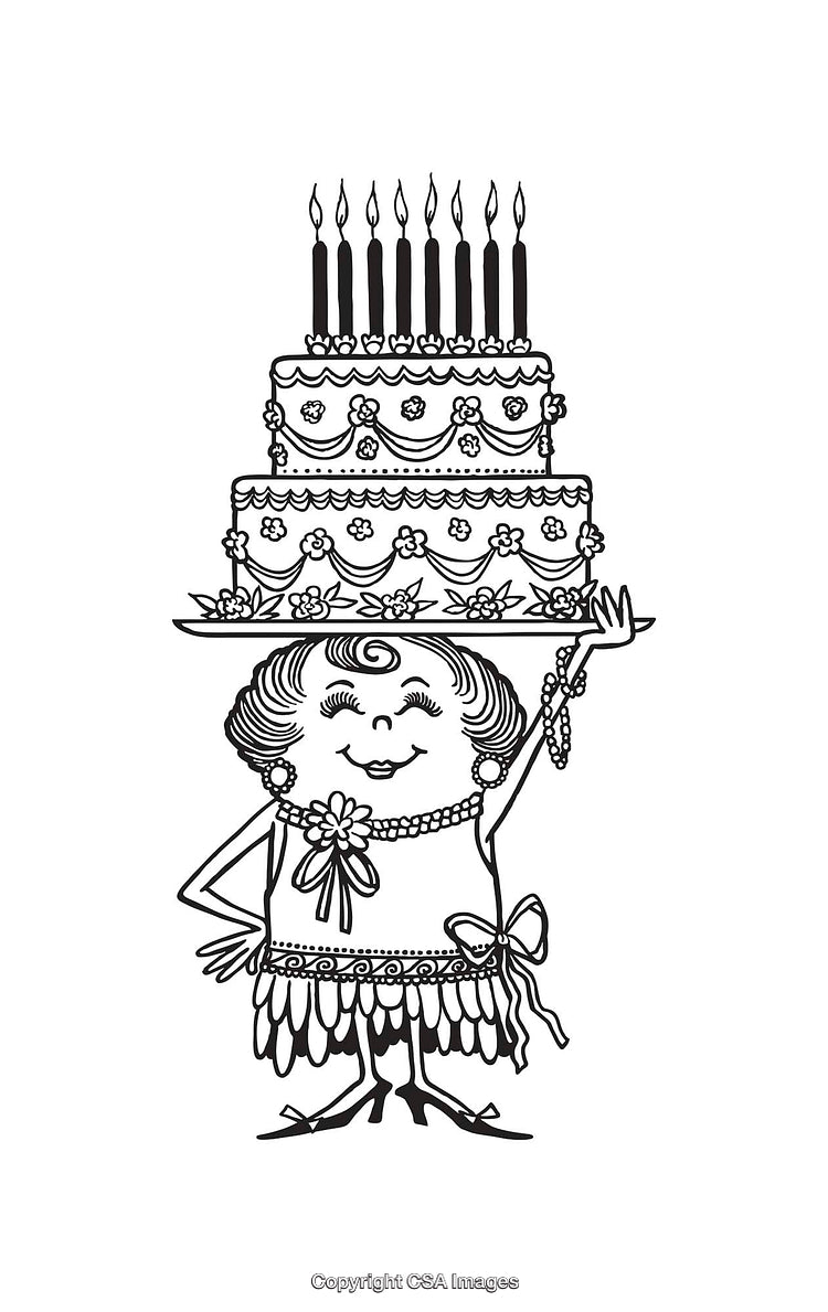 Charming Black and White Cake-Themed Character Illustration with Candles