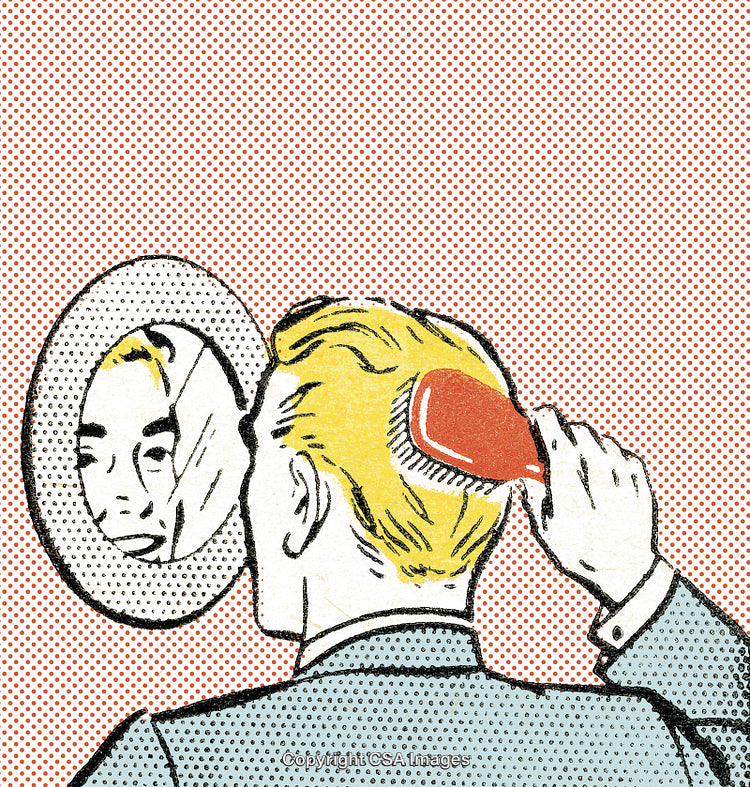 Retro Comic Illustration of Person Brushing Hair and Reflecting in Mirror