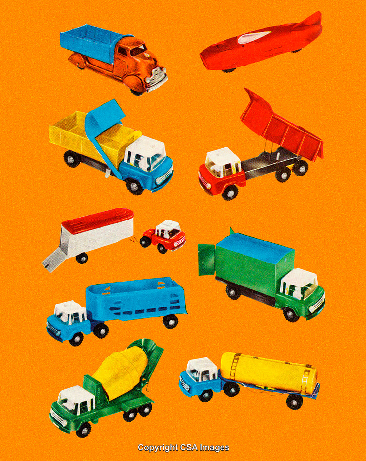 Collection of Stylized Vintage Toy Trucks in Vibrant Colors on Orange Background