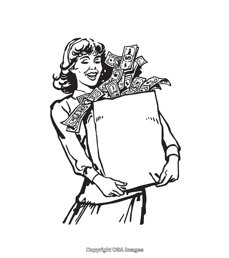 Retro Black and White Line Art of Woman Holding Bag of Money