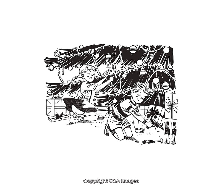Children Decorating a Christmas Tree in Black and White Artwork