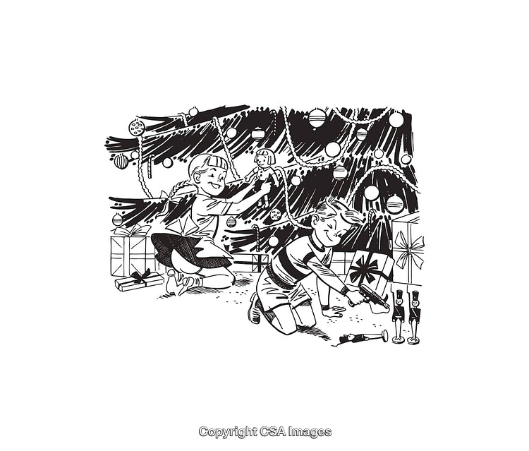 Children Decorating a Christmas Tree in Black and White Artwork