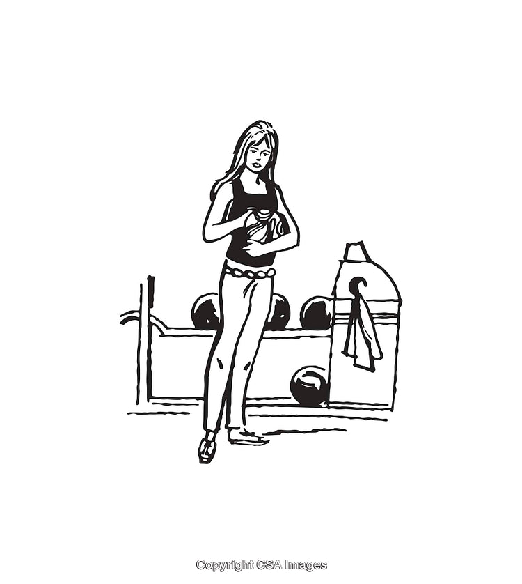 Black and White Line Art of Woman Standing Near Workout Equipment