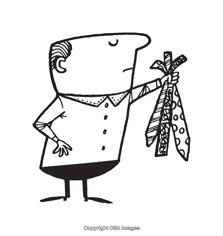 Cartoon Character Contemplating Necktie Choices in Black and White Line Art