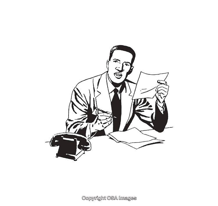 Retro Illustration of a Businessman Reviewing Documents and Using a Telephone