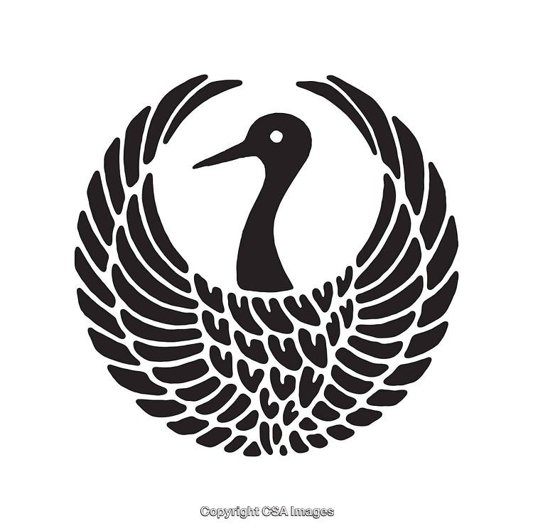 Elegant Crane Emblem with Symmetrical Linework and Black-and-White Design