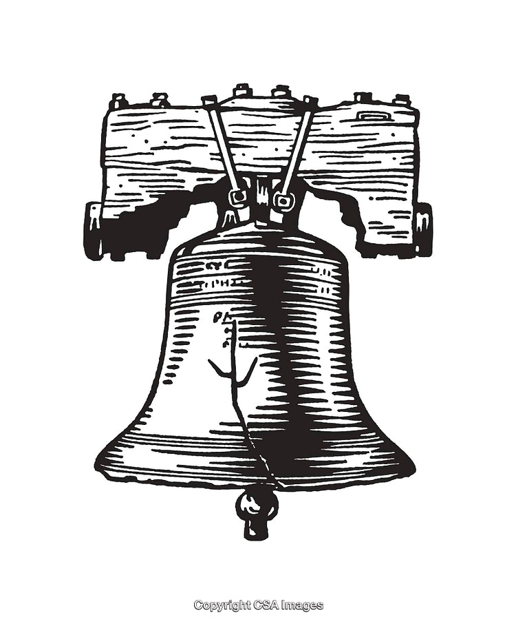 Illustrated Black-and-White Line Art of a Cracked Liberty Bell