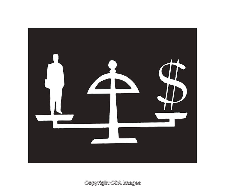 Balance Scale Illustration depicting Money and Business Person in Black and White