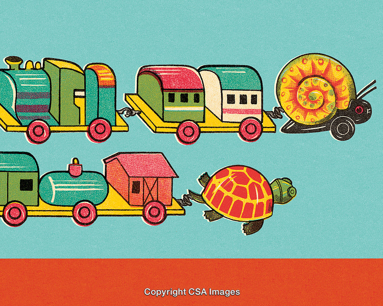 Colorful Cartoon Train with Snail and Turtle on Illustrated Tracks