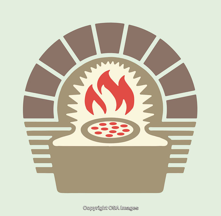 Line Art Illustration of a Brick Oven with Pizza and Flames