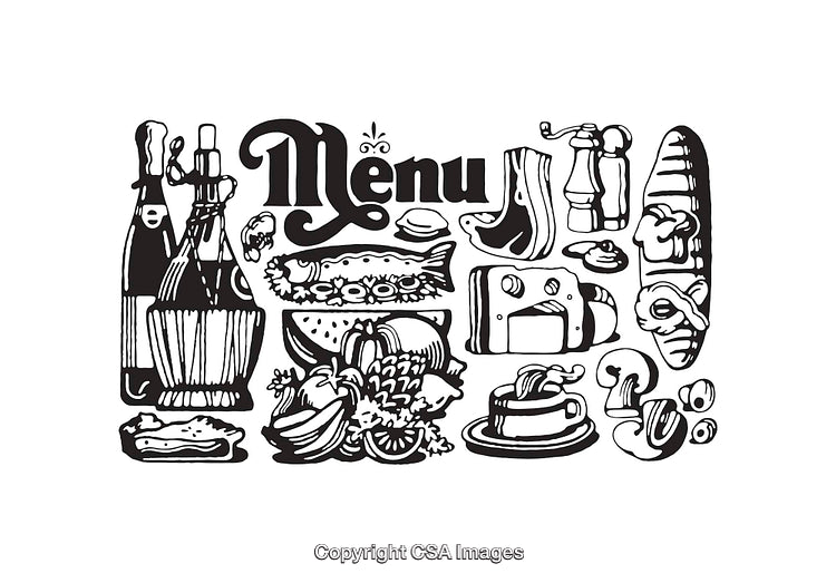 Black and White Illustrated Menu with Food and Drink Elements