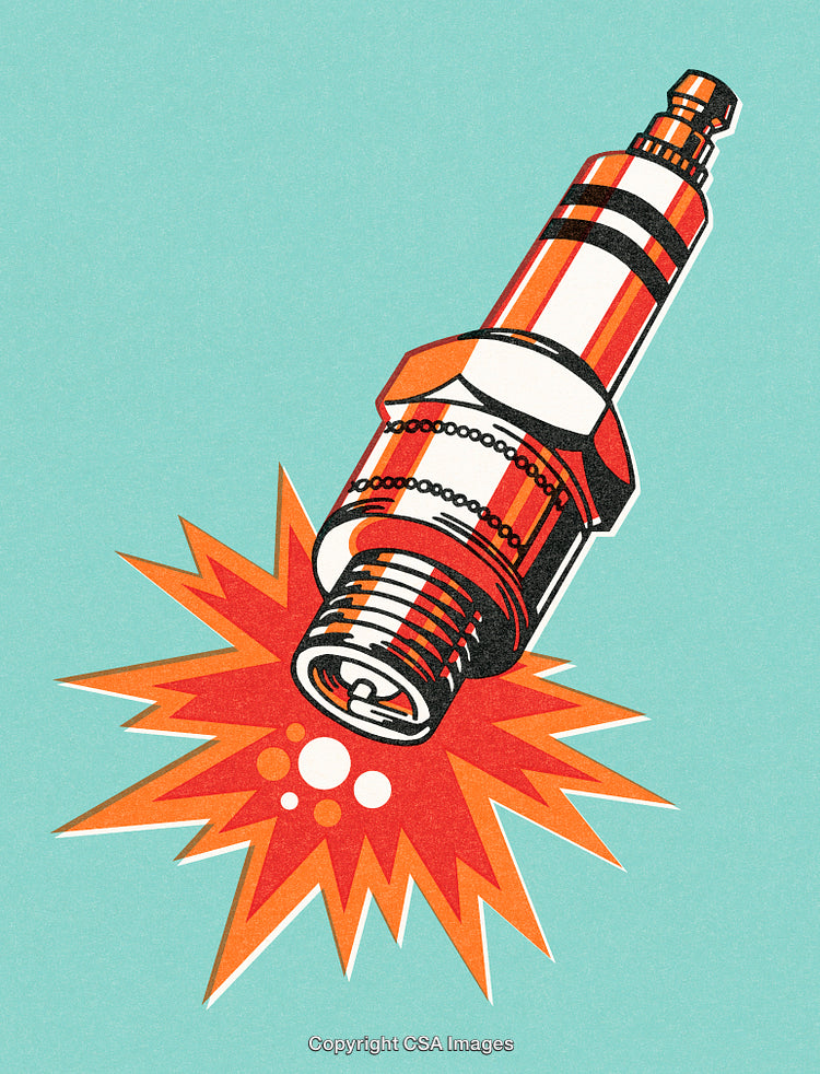 Retro Illustration of a Spark Plug with Engaging Explosion Graphics