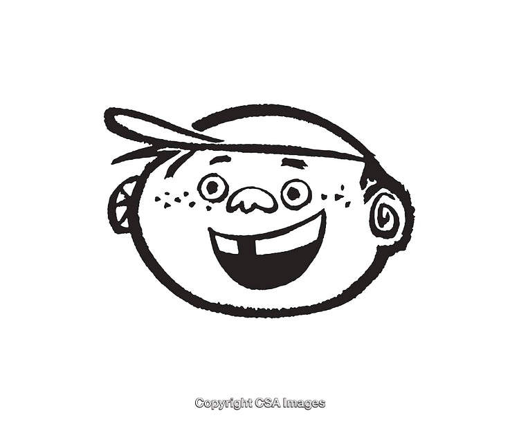 Black and White Cartoon Illustration of a Smiling Boy Wearing a Cap