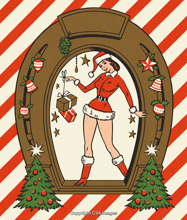 Retro Christmas Illustration of Stylish Woman in Santa Outfit with Vintage Charm