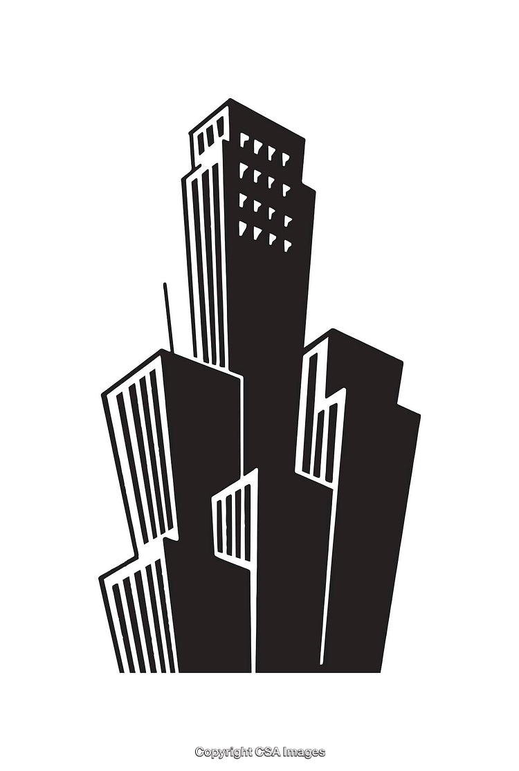 Stylized Black and White Line Art Illustration of Urban Buildings