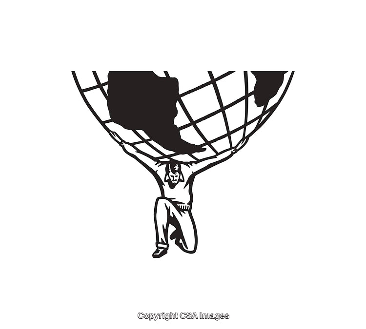 Black and White Line Art Illustration of Atlas Holding Up the Globe