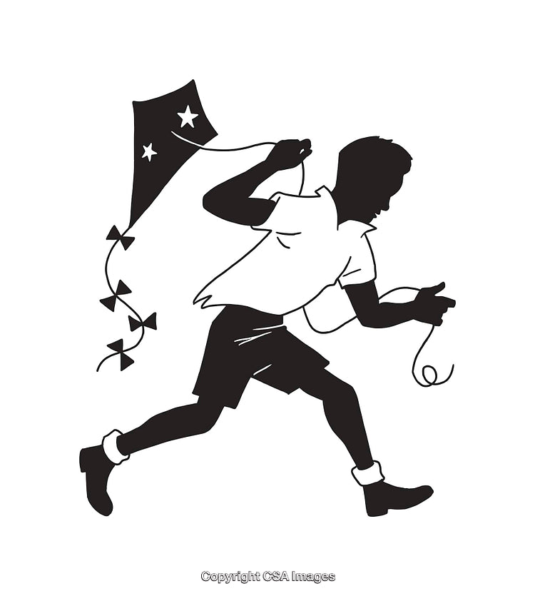 Black and White Silhouette of a Child Playing with a Kite Outdoors