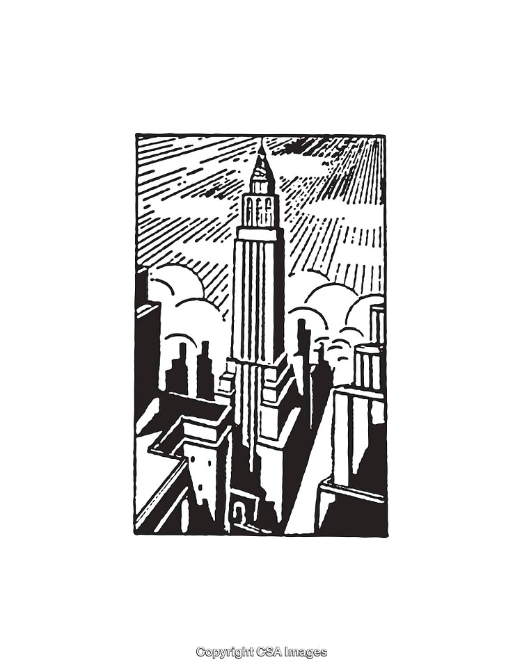 Black and White Line Art Illustration of a City Skyline