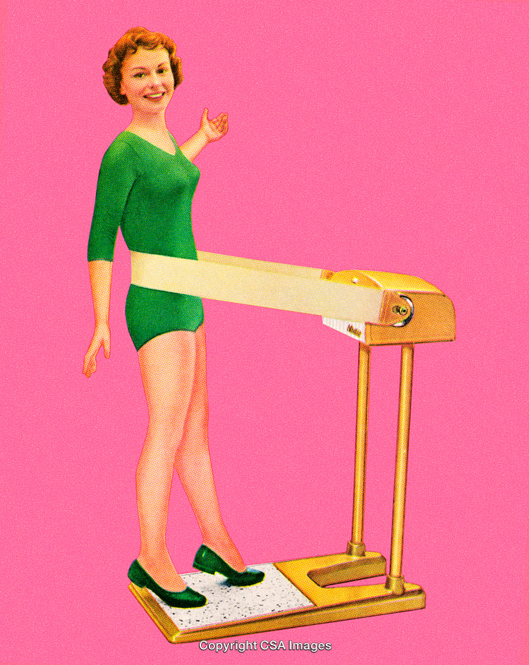 Retro Illustration of Woman Using Vintage Fitness Equipment on Pink Background