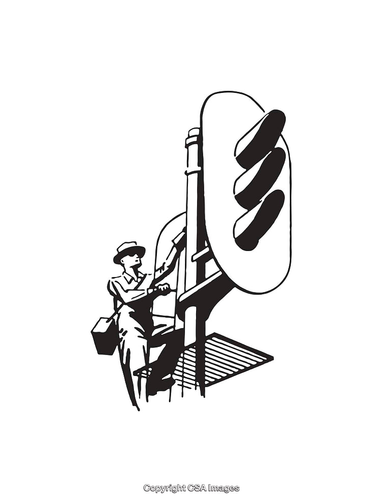 Vintage Line Art Illustration of Worker Adjusting a Traffic Signal