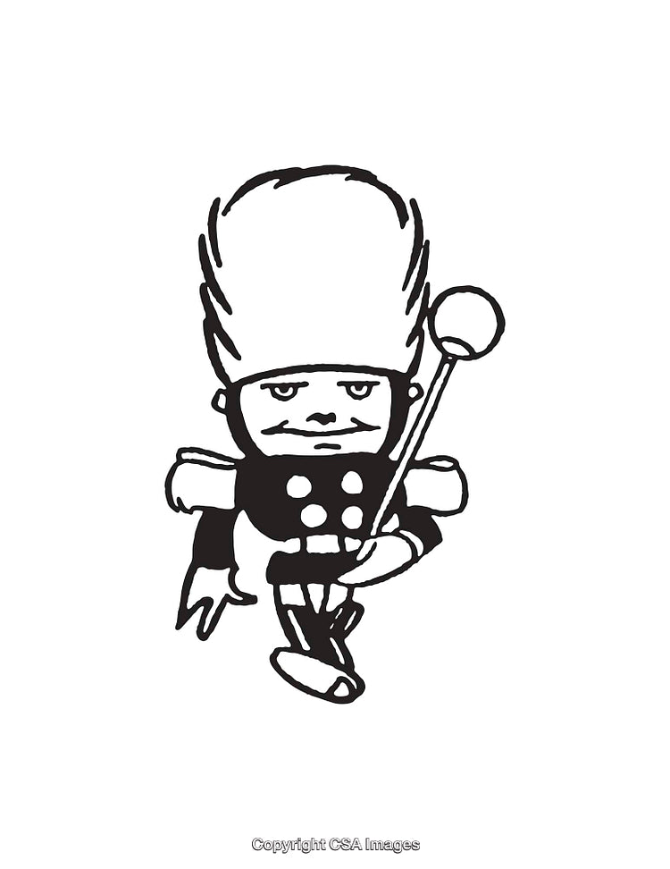 Black and White Illustration of a Toy Soldier Carrying a Baton