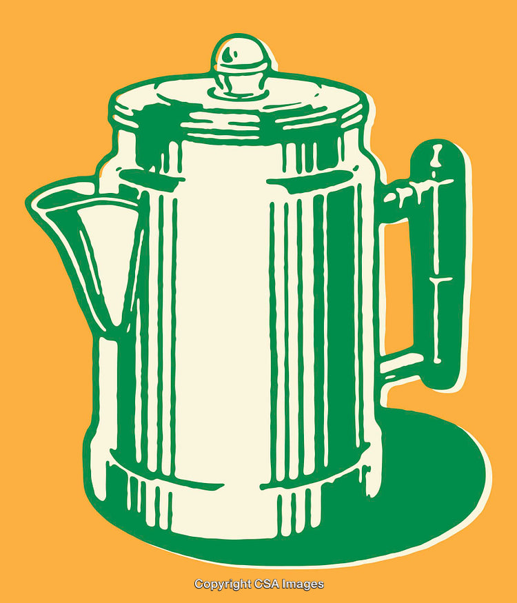 Vintage Line Art Illustration of a Coffee Pot in Green and Yellow
