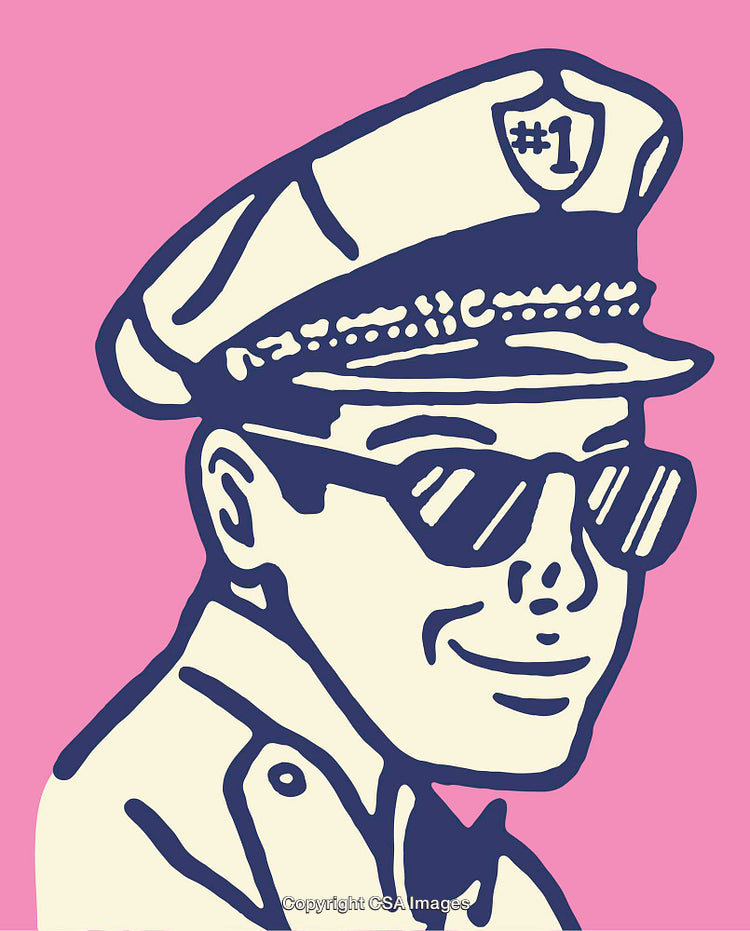 Colorful Line Art Illustration of a Smiling Police Officer in Vintage Style