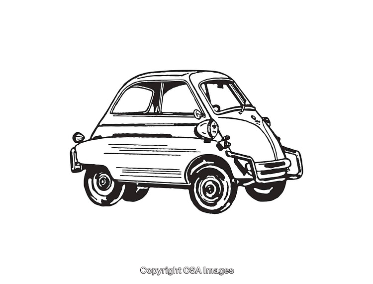 Vintage Microcar Hand-Drawn Line Art Illustration in Black and White