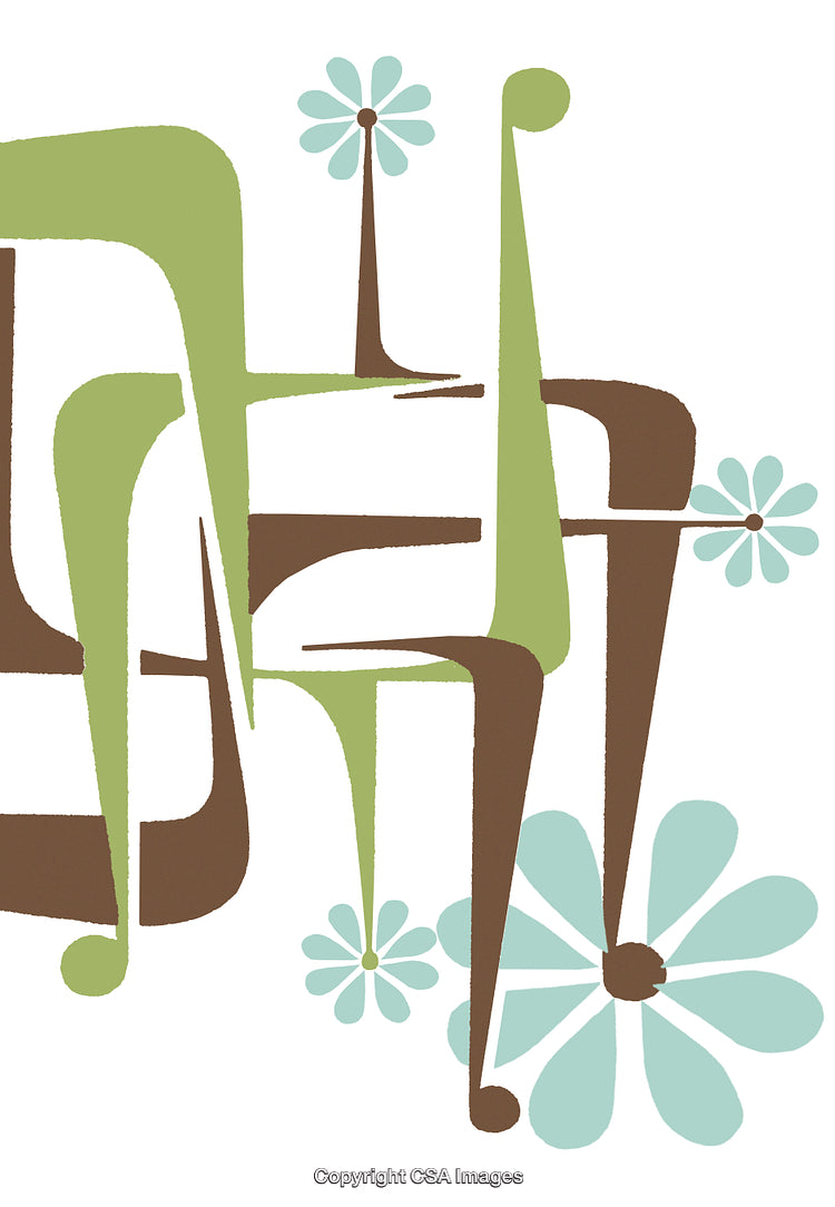 Retro Abstract Design with Green and Brown Geometric Shapes and Flowers